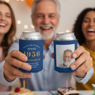 Custom 70th Birthday Blue Gold With Photo Can Cooler