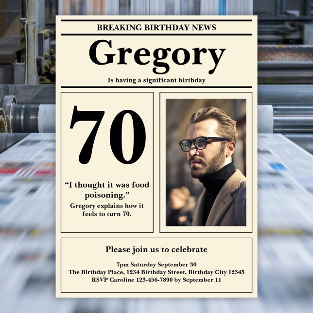 Custom 70th Birthday Funny Quote Retro Newspaper Invitation (Creator Uploaded)