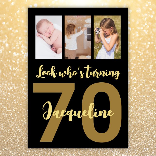 Custom 70th Birthday Gold Modern Photo Collage Invitation (Creator Uploaded)