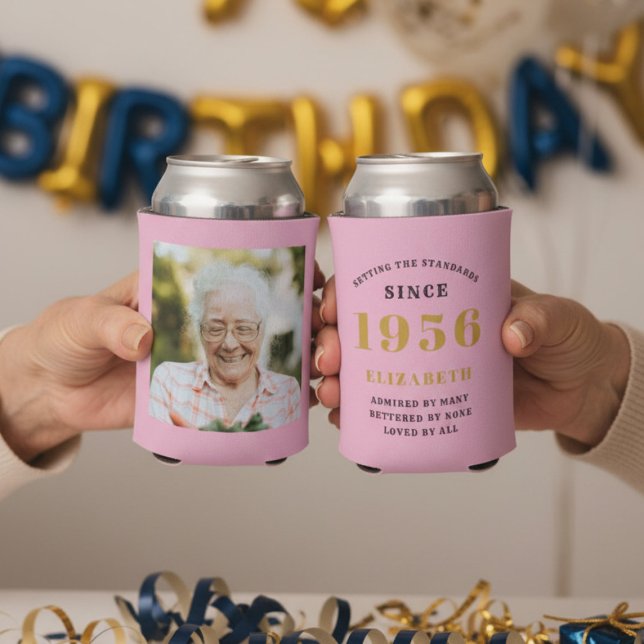 Custom 70th Birthday Pink Gold With Photo Can Cooler (70th birthday pink can coolers showing front and rear.)