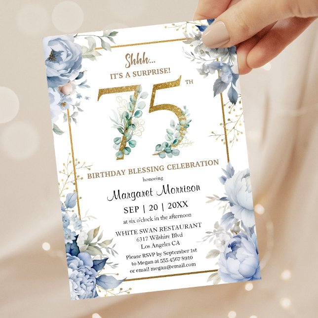 Custom 75th Birthday Elegant Dusty Blue Floral Invitation (Creator Uploaded)