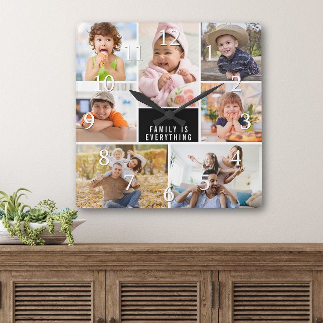 Custom 7 Photo Collage Family Is Everything Quote Square Wall Clock (Creator Uploaded)