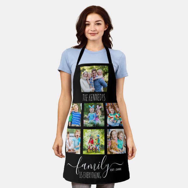 Custom 7 Photo Collage Family Name Quote Black Apron (Worn)