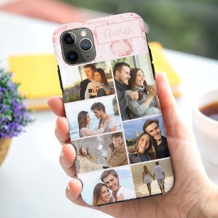 Custom 7 Photo Collage on Pink Marble Case-Mate iPhone Case