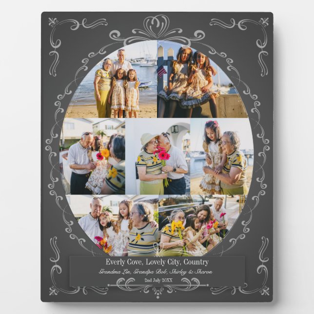 Custom 7 Photo Vintage Flourish Swirls Collage Plaque (Front)