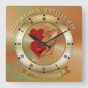 Custom 7th Year Copper Wedding Anniversary Gift Square Wall Clock