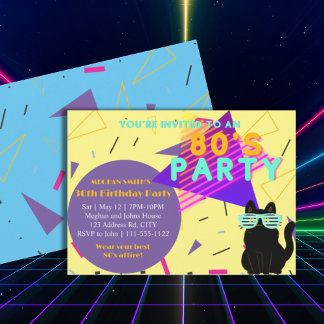 Custom 80's Retro Black Cat Throwback Party Invitation