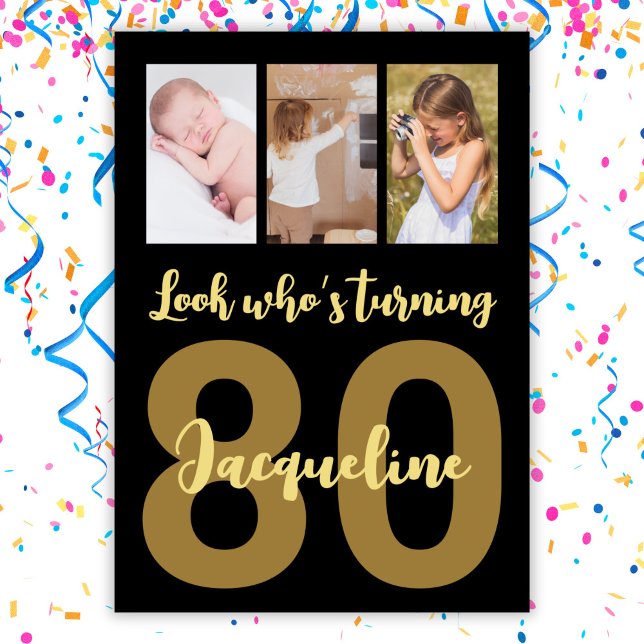 Custom 80th Birthday Black and Gold Photo Collage Invitation (Creator Uploaded)
