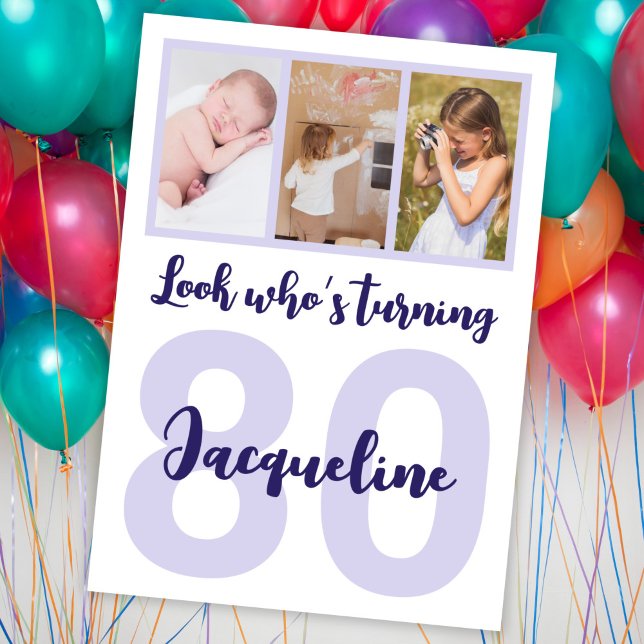 Custom 80th Birthday Purple Script Photo Collage Invitation (Creator Uploaded)