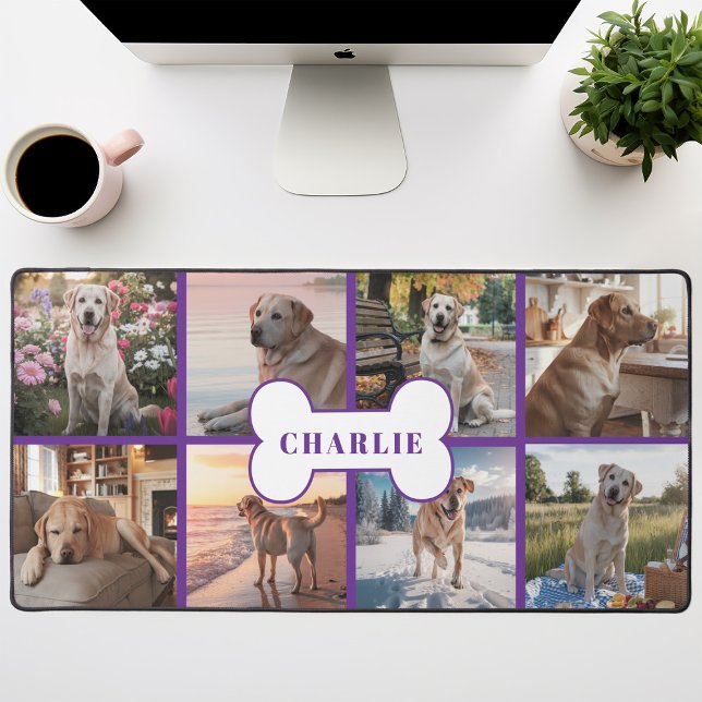 Custom 8 Photo Collage Dog Bone Pet Purple Desk Mat (Creator Uploaded)