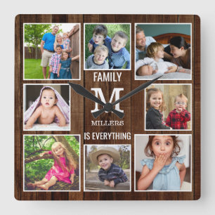 Custom 8 Photo Collage Family Monogram Brown Wood Square Wall Clock