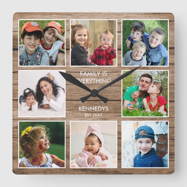 Custom 8 Photo Collage Family Quote Reclaimed Wood Square Wall Clock (Front)