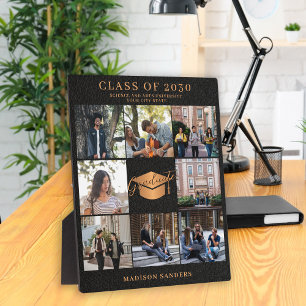 Custom 8 photo collage gold black graduate name plaque