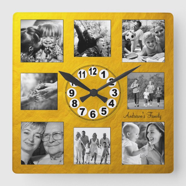 Custom 8 Photo Collage Golden Retro Family / Gold Square Wall Clock (Front)