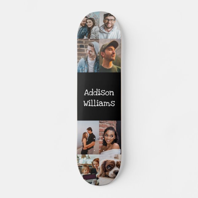 Custom 8 Photo collage Personalised Name Black Skateboard (Front)