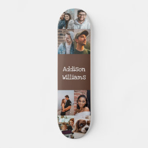 Custom 8 Photo collage Personalised Name Brown Skateboard