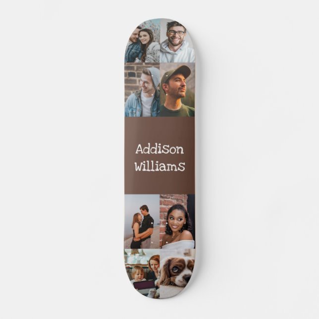 Custom 8 Photo collage Personalised Name Brown Skateboard (Front)
