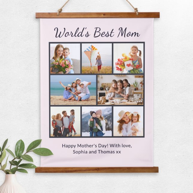 Custom 8 Photo Collage World's Best Mom Hanging Tapestry (A personalized, pink wall hanging for the 'World's Best Mom', with photo collage and custom message)