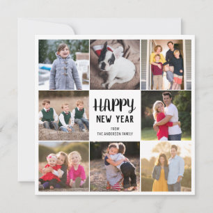 Custom 8 Photo Happy New Year Gold Gingham Plaid Holiday Card