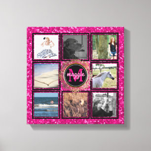 Custom 8 Square Photo Collage Girly Pink Monogram Canvas Print