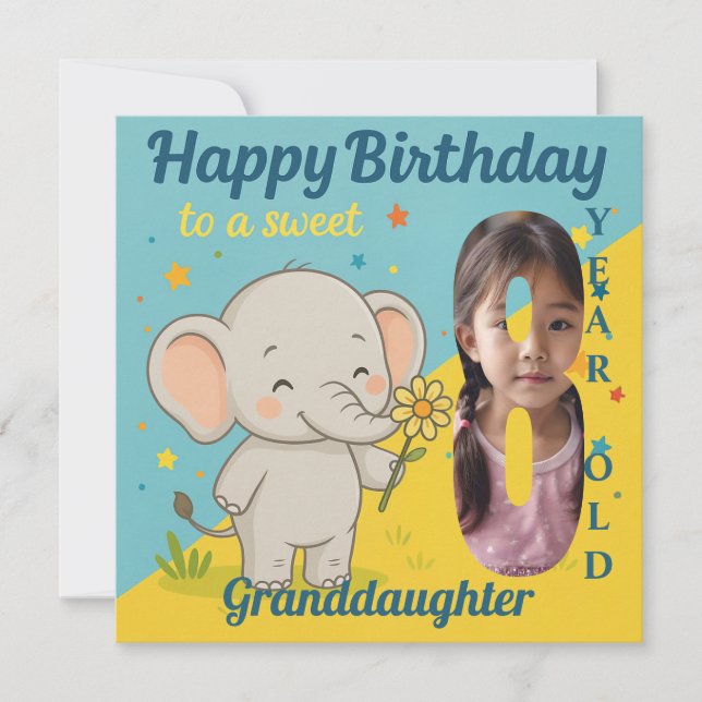 Custom 8th Birthday Elephant Sweet Your Photo Card (Front)