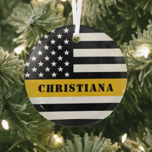 Custom 911 Dispatcher USA Flag Thin Gold Line Glass Tree Decoration