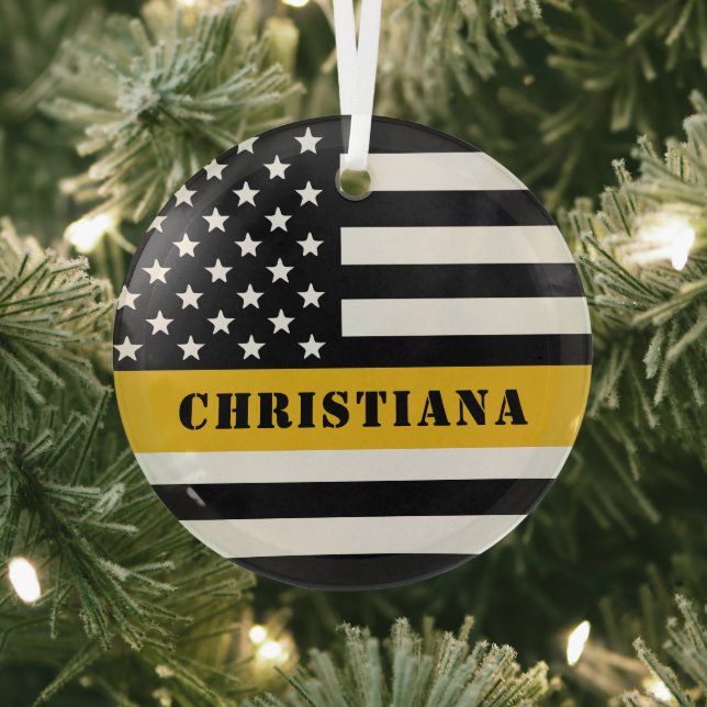Custom 911 Dispatcher USA Flag Thin Gold Line Glass Tree Decoration (Insitu)