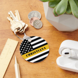 Custom 911 Dispatcher USA Flag Thin Gold Line Key Ring