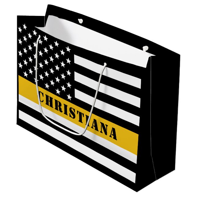 Custom 911 Dispatcher USA Flag Thin Gold Line Large Gift Bag (Front Angled)
