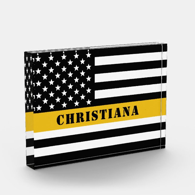 Custom 911 Dispatcher USA Flag Thin Gold Line Photo Block (Left)