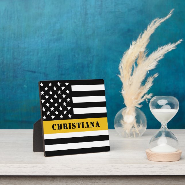 Custom 911 Dispatcher USA Flag Thin Gold Line Plaque (Insitu)