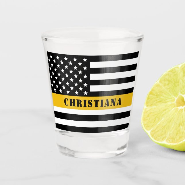 Custom 911 Dispatcher USA Flag Thin Gold Line Shot Glass (Front)