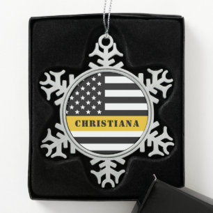 Custom 911 Dispatcher USA Flag Thin Gold Line Snowflake Pewter Christmas Ornament
