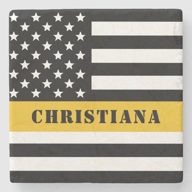 Custom 911 Dispatcher USA Flag Thin Gold Line Stone Coaster (Front)