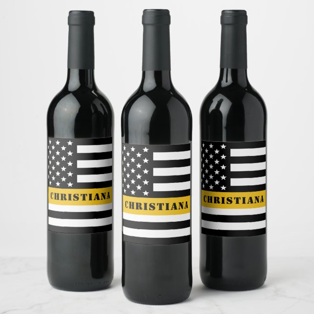Custom 911 Dispatcher USA Flag Thin Gold Line Wine Label (Bottles)