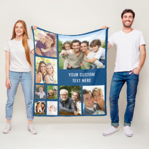 Custom 9 Photo Collage Blue Fleece Blanket