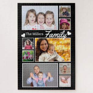 Custom 9 Photo Collage Family Name 1014 Pcs Black Jigsaw Puzzle