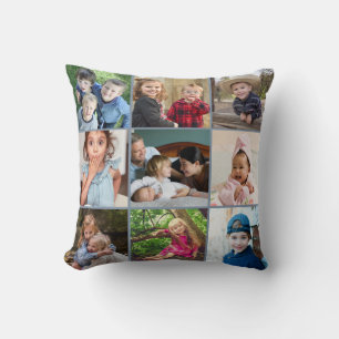 Custom 9 Photo Collage Family Quote Grey Keepsake Cushion