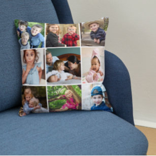Custom 9 Photo Collage Family Quote Rustic Wood Cushion