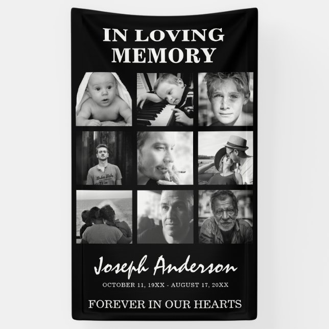 Custom 9 Photo Funeral In Loving Memory Memorial Banner (Vertical)