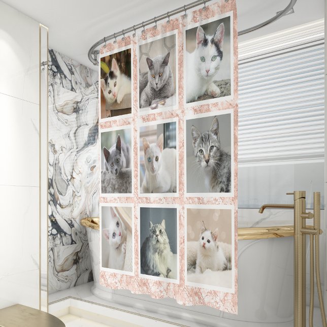 Custom 9 Square Photo Collage Rose Gold Marble Shower Curtain (Creator Uploaded)