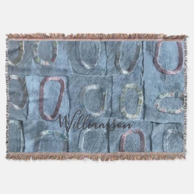 Custom  Abstract Blue Geometric Patchwork Look  Throw Blanket (Front)