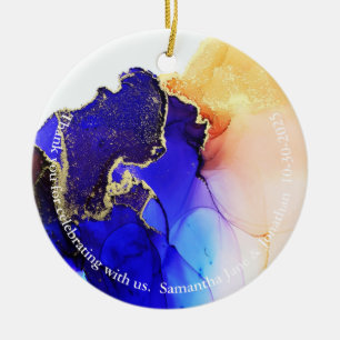 Custom Abstract Blue Orange Gold Wedding Favour Ceramic Tree Decoration