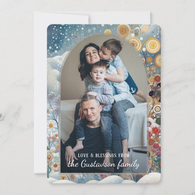 Custom Abstract Snowflakes Floral Holiday Wreath Card (Front)