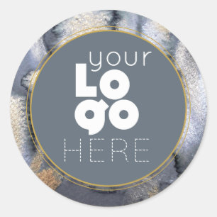 Custom Abstract Watercolor Grey + Gold White Logo Classic Round Sticker