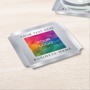 Custom Add Company Logo Here Silver Look Template Paper Coaster