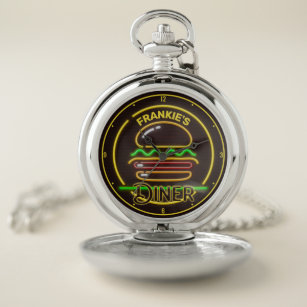 Custom ADD NAME Retro Faux Neon Burger Diner Pocket Watch