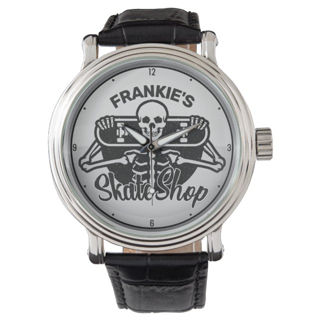 Custom ADD NAME Skull Skateboard Skate Shop Watch (Front)