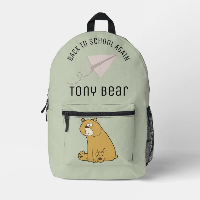 Custom adorable cartoon bear Sage green School Printed Backpack (Front)
