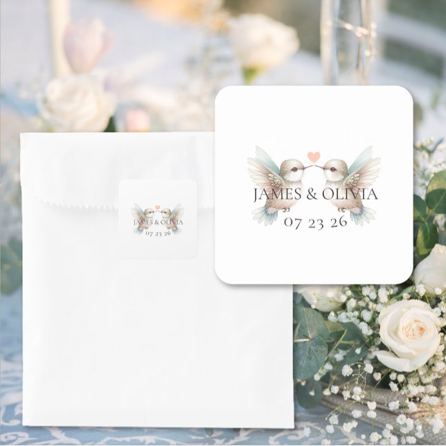 Custom Adorable Hummingbird Heart Wedding Square Sticker (Custom Adorable Hummingbird Heart Wedding Square Stickers)